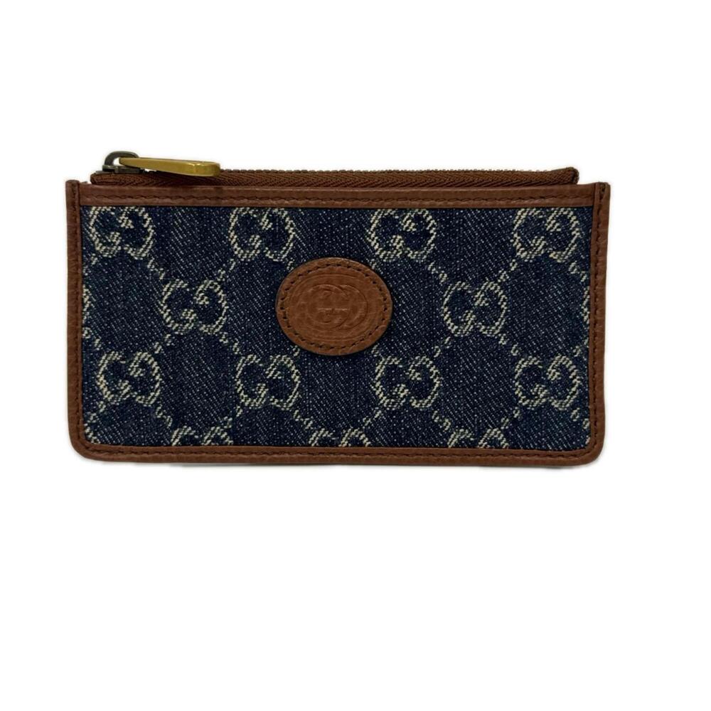 GUCCI Interlocking G Denim GG Supreme Wallet/Coin Case 697717 Blue Brown Leat...